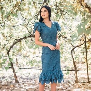 NWT Rachel Parcell Blue Guipure Lace Flutter Sleeve Ruffle Hem Dress, Size Small
